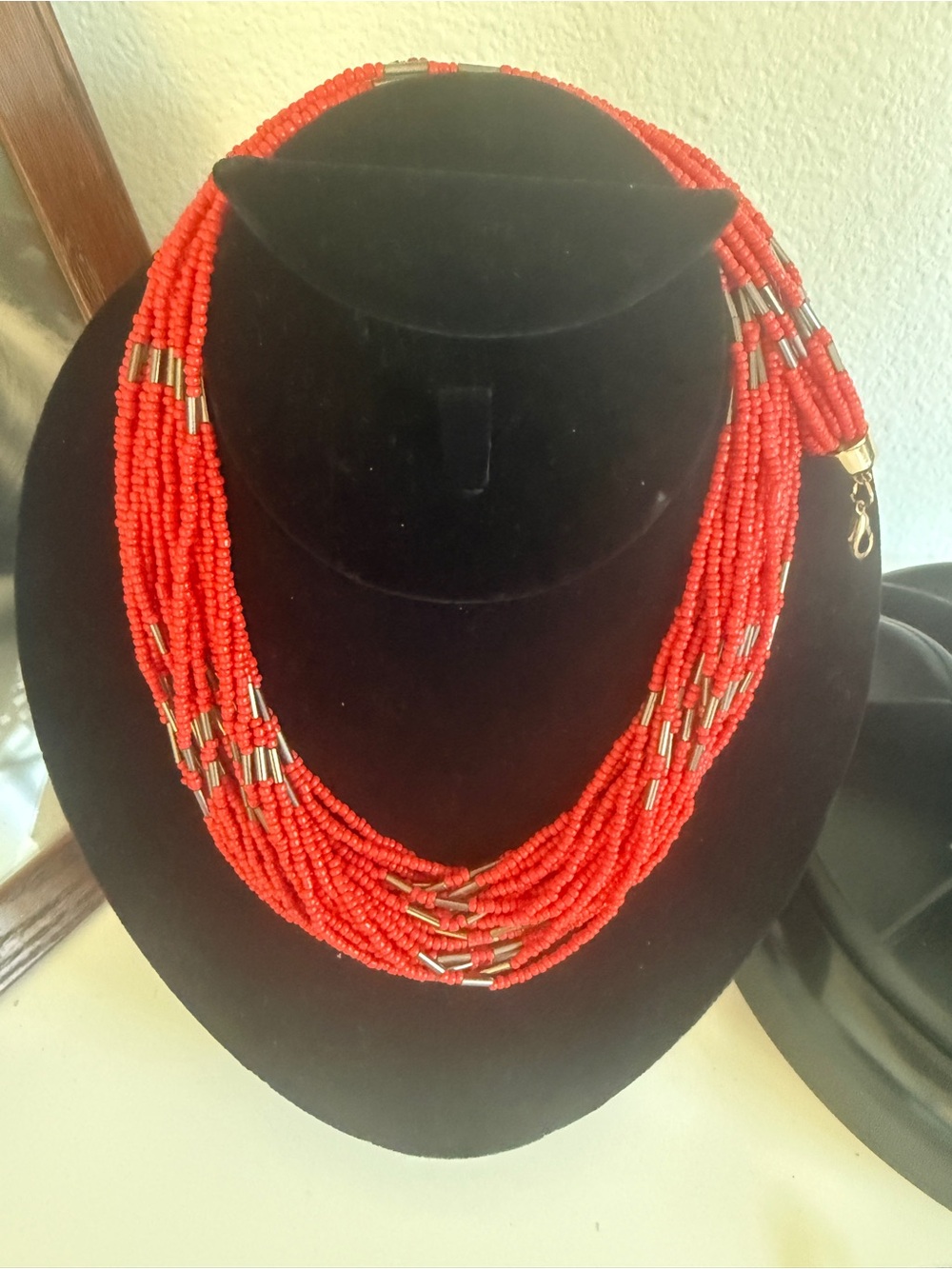 Red Multi Strand Seed Bead Statement Necklace Boho Costume Jewelry